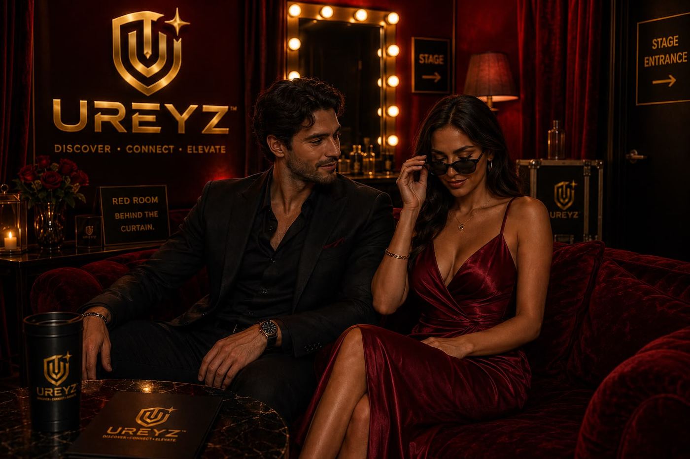 Guests relaxing in the UREYZ Red Room VIP lounge, just off the stage entrance